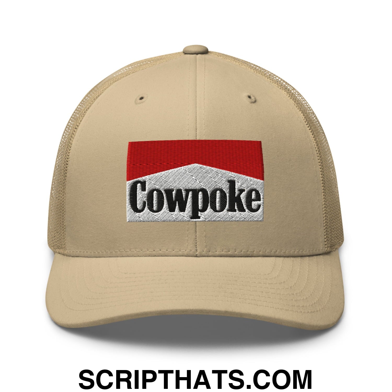 Beige mesh trucker hat with red and silver embroidered cowpoke logo and black lettering in a cowpoke embroidered design