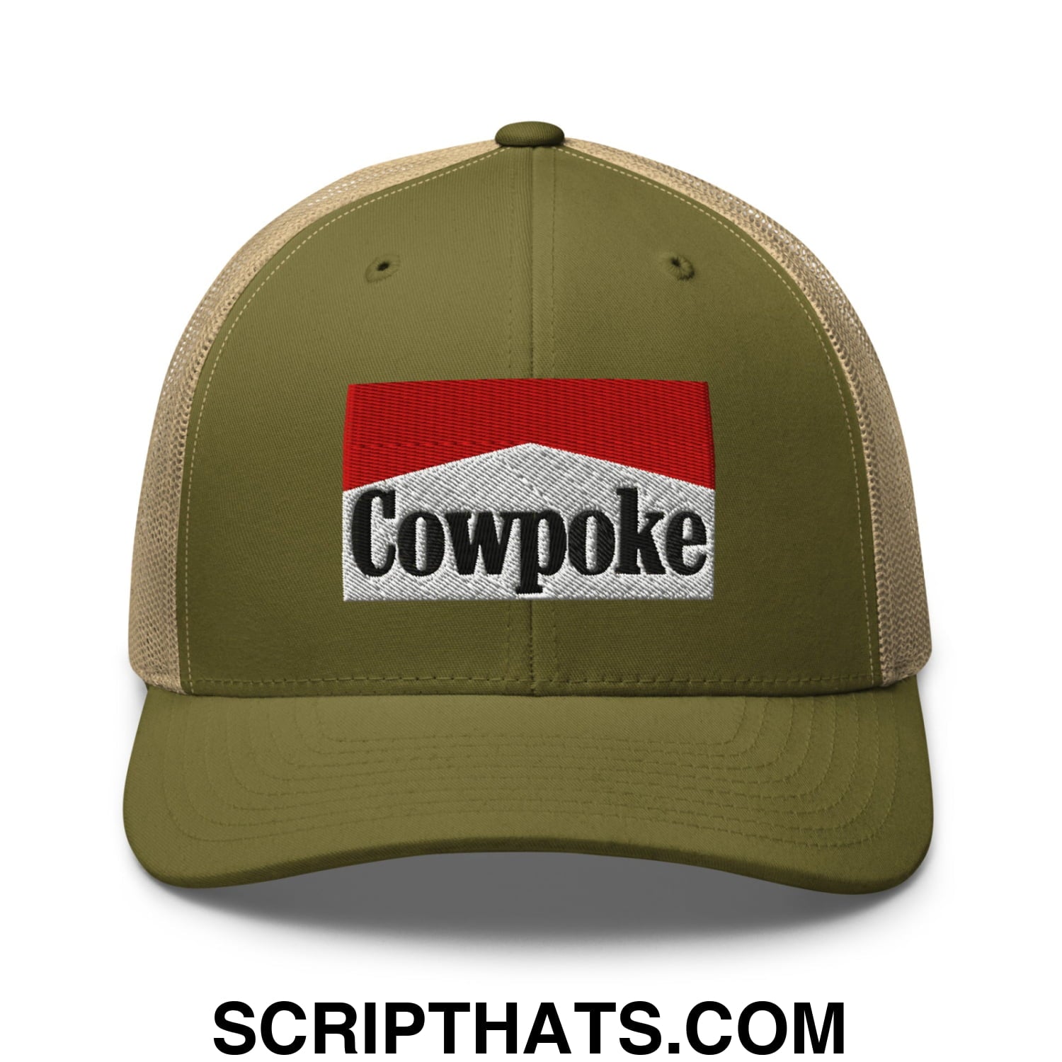 Olive green and tan mesh trucker hat with embroidered cowpoke logo in red white and black