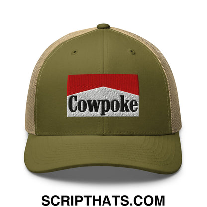 Olive green and tan mesh trucker hat with embroidered cowpoke logo in red white and black
