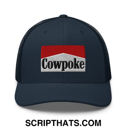 Dark navy mesh trucker hat with red and white embroidered cowpoke logo and black lettering