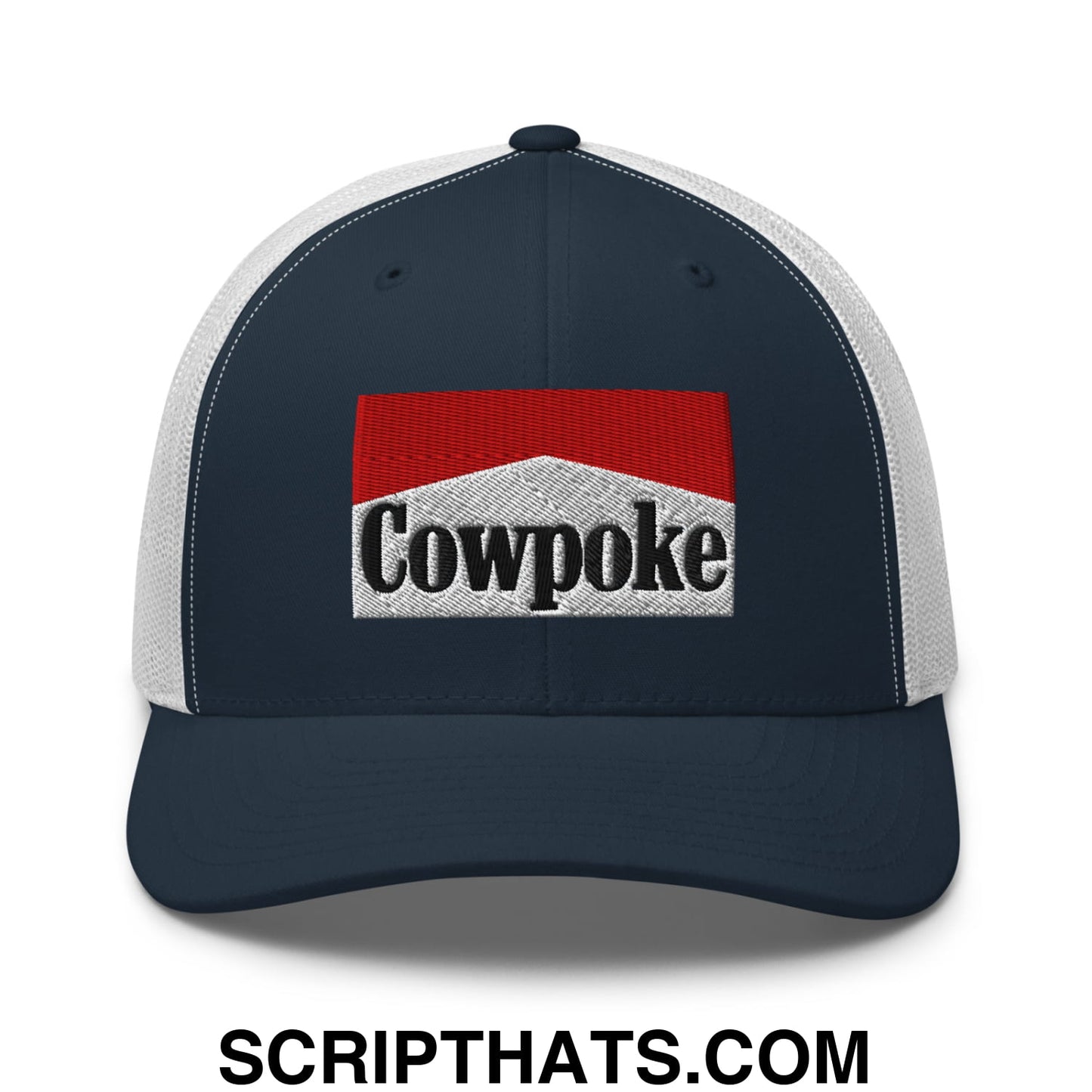 Navy blue and white mesh trucker hat with red and silver embroidered cowpoke logo front center