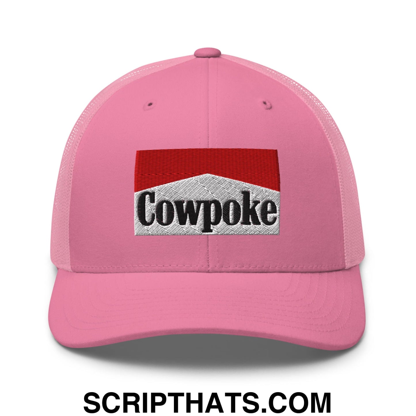 Pink mesh trucker hat featuring an embroidered cowpoke logo in red and silver design for casual wear