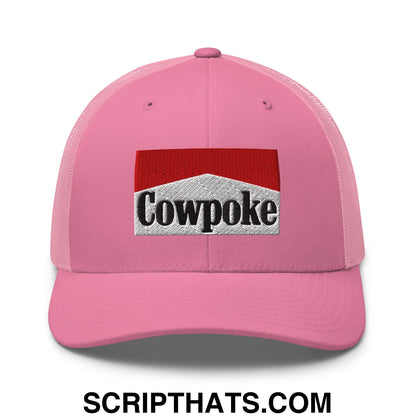 Pink mesh trucker hat featuring an embroidered cowpoke logo in red and silver design for casual wear
