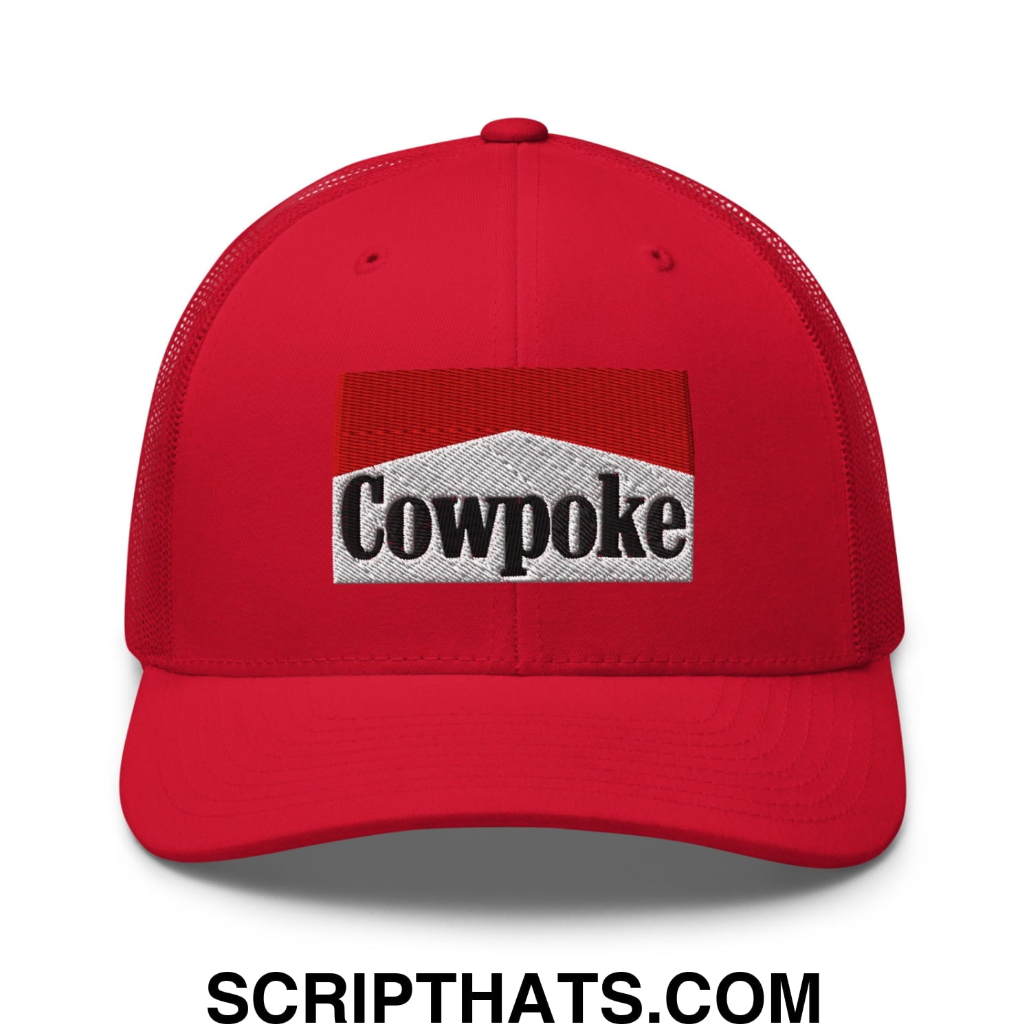 Red mesh trucker hat featuring a black and silver embroidered cowpoke logo in a casual style
