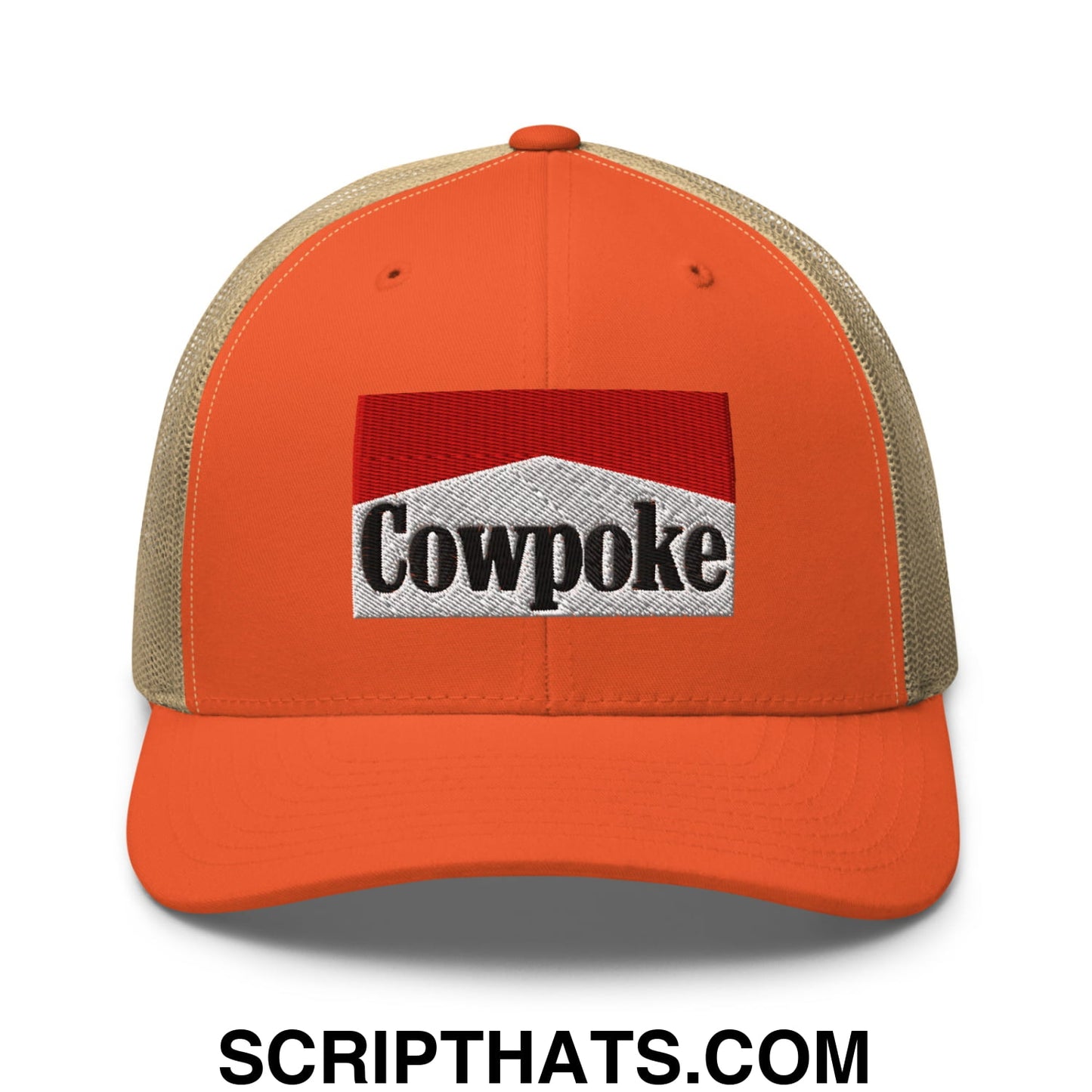 Orange and beige mesh trucker hat with red white and black embroidered cowpoke logo front panel