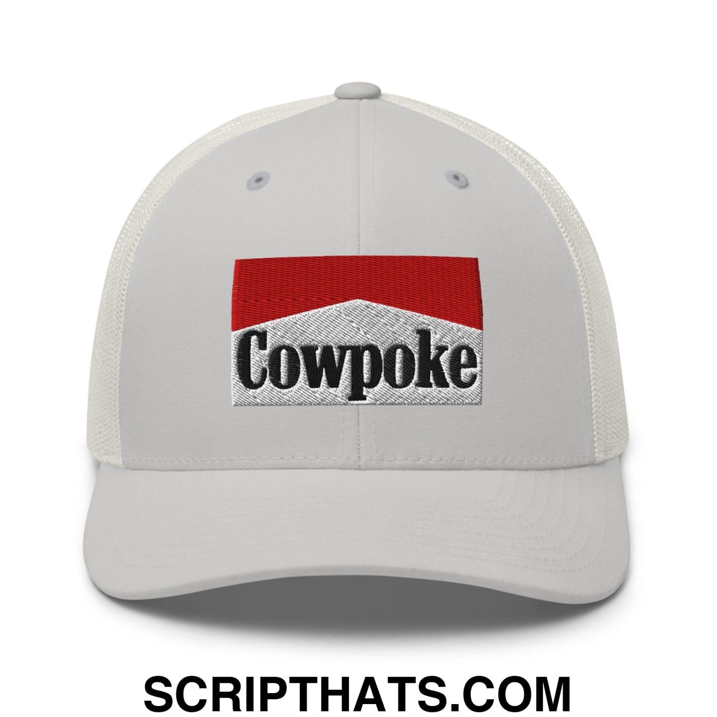 White mesh trucker hat with red and silver embroidered cowpoke logo patch in a classic style