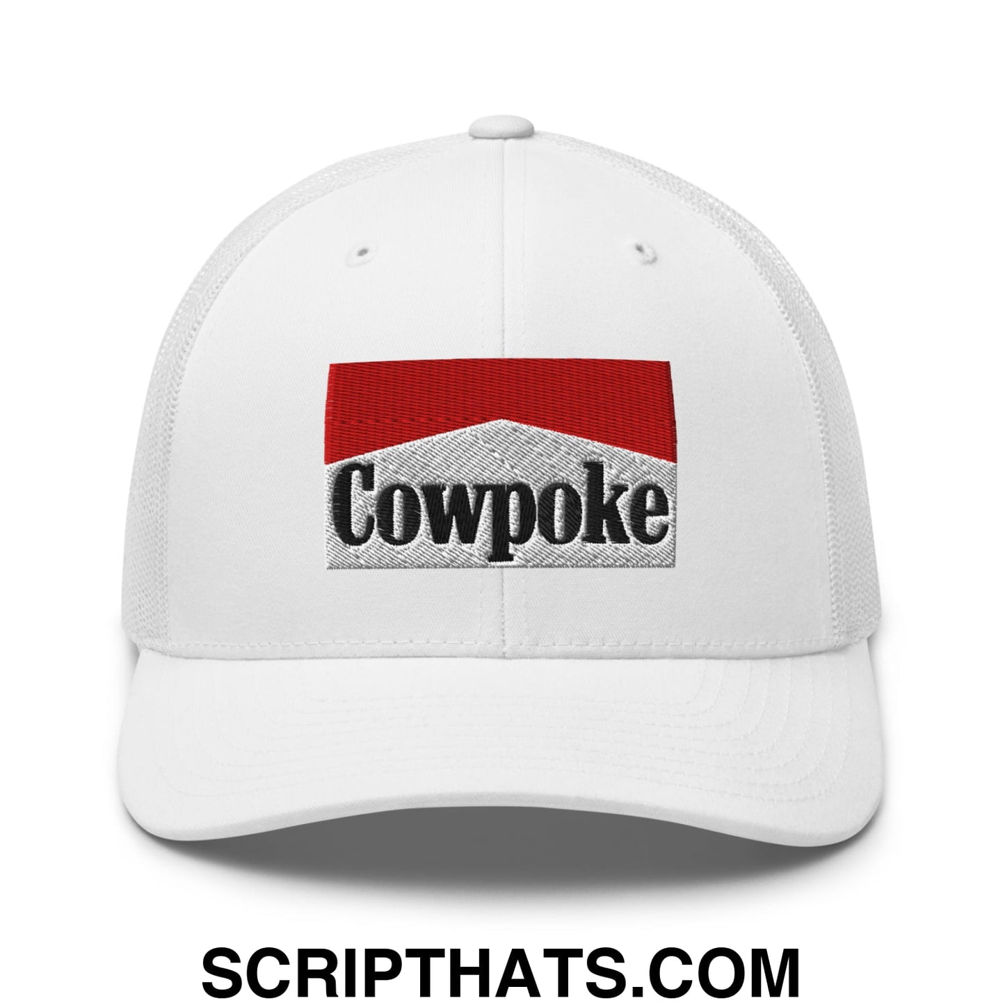 White mesh trucker hat with embroidered cowpoke logo in red and gray inspired by Marlboro design