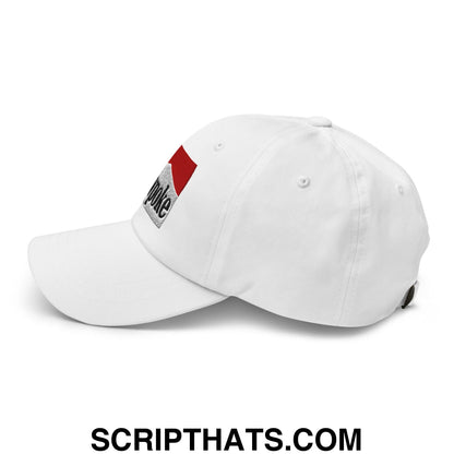 White Cowpoke embroidered unstructured dad hat with a red and silver logo on the front panel