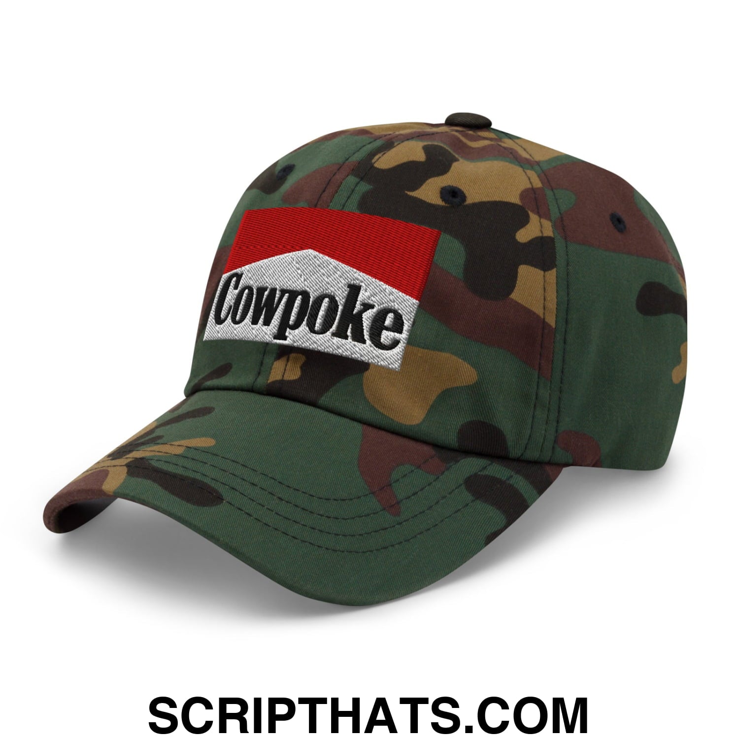 Camouflage unstructured dad hat featuring a red and white embroidered cowpoke logo patch on the front