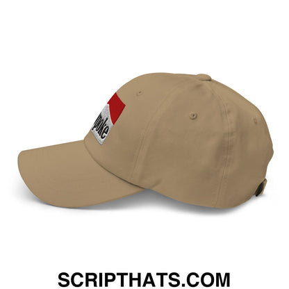 Beige unstructured dad hat with red and white embroidered patch featuring poke text in black lettering