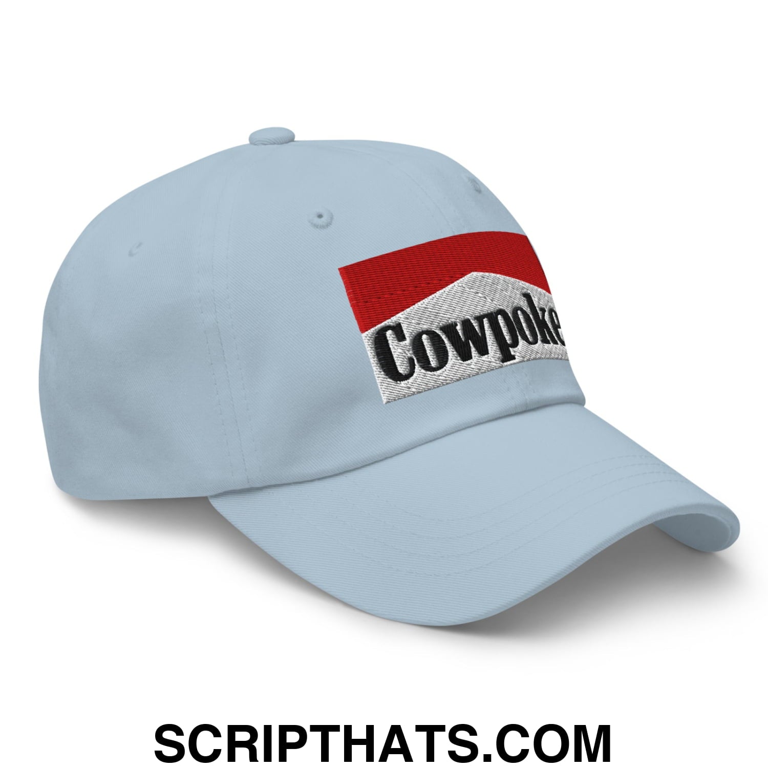 Light blue cotton cowpoke embroidered unstructured dad hat with red and white rectangular logo on front side