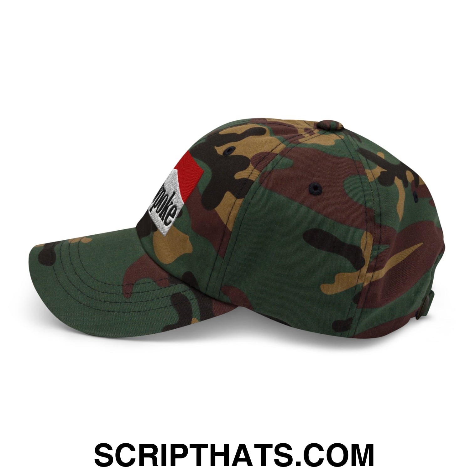 Camouflage cowpoke embroidered unstructured dad hat with a red and white patch on the side