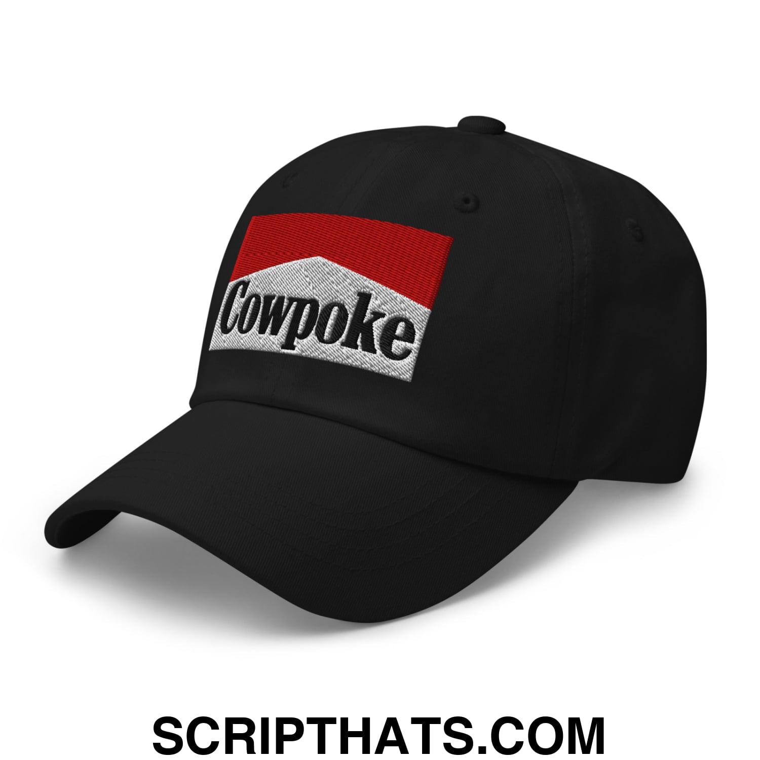 Black unstructured dad hat featuring an embroidered cowpoke logo with red and silver design