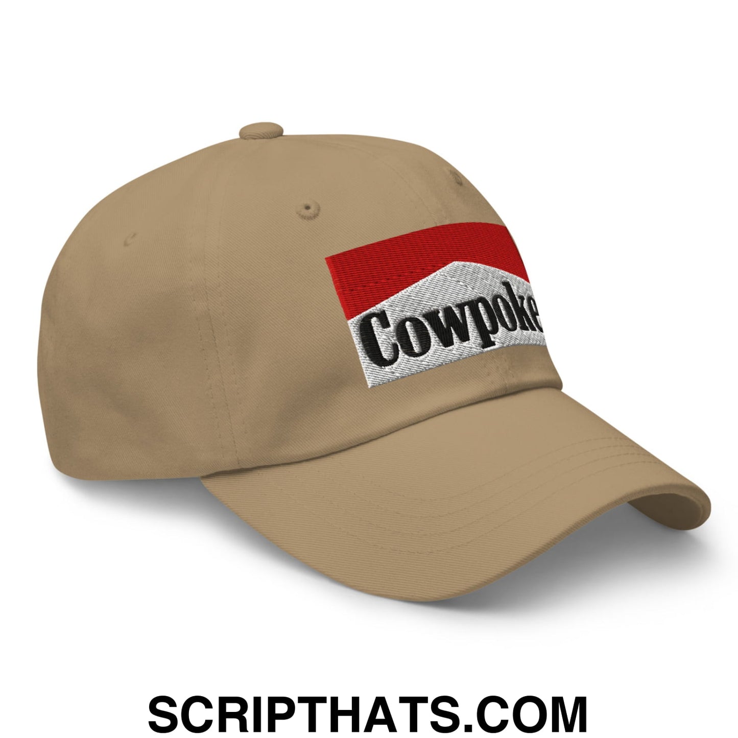 Beige unstructured dad hat with a red and white rectangular embroidered cowpoke logo on the front panel