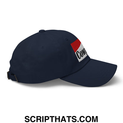 Navy blue cowpoke embroidered unstructured dad hat with red and white patch featuring cowboy in bold black lettering