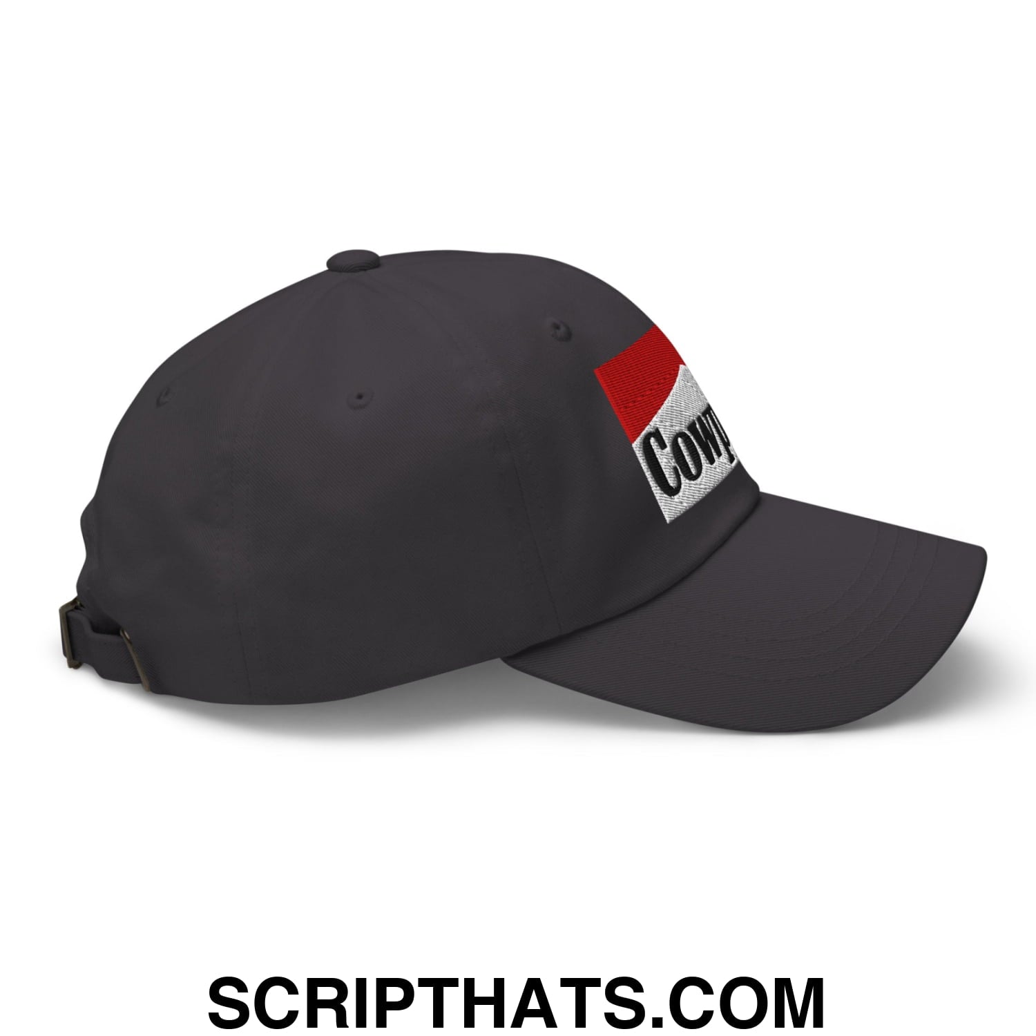 Dark gray cotton baseball cap with red and white cowboy embroidered patch in an unstructured dad hat style