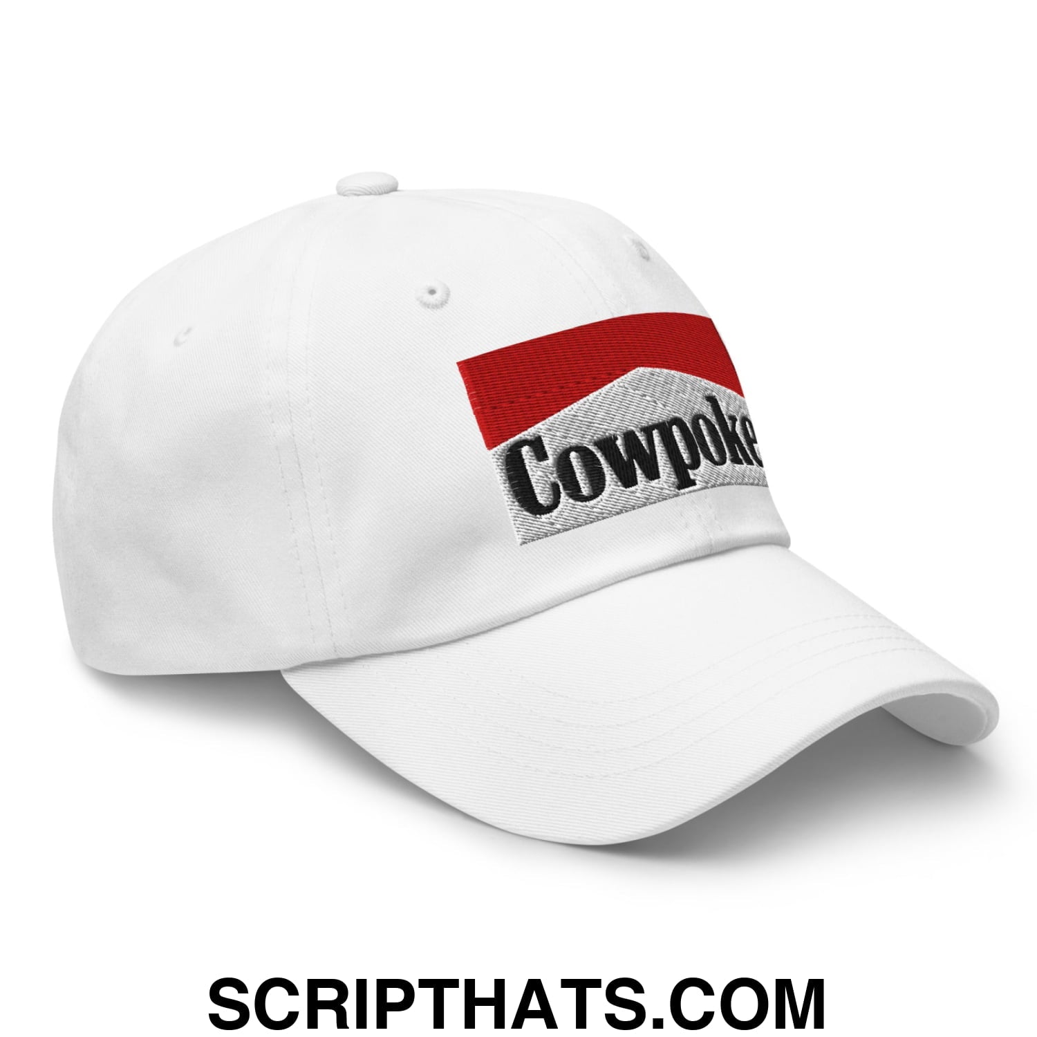 White unstructured dad hat featuring an embroidered cowpoke logo with red and gray rectangular design