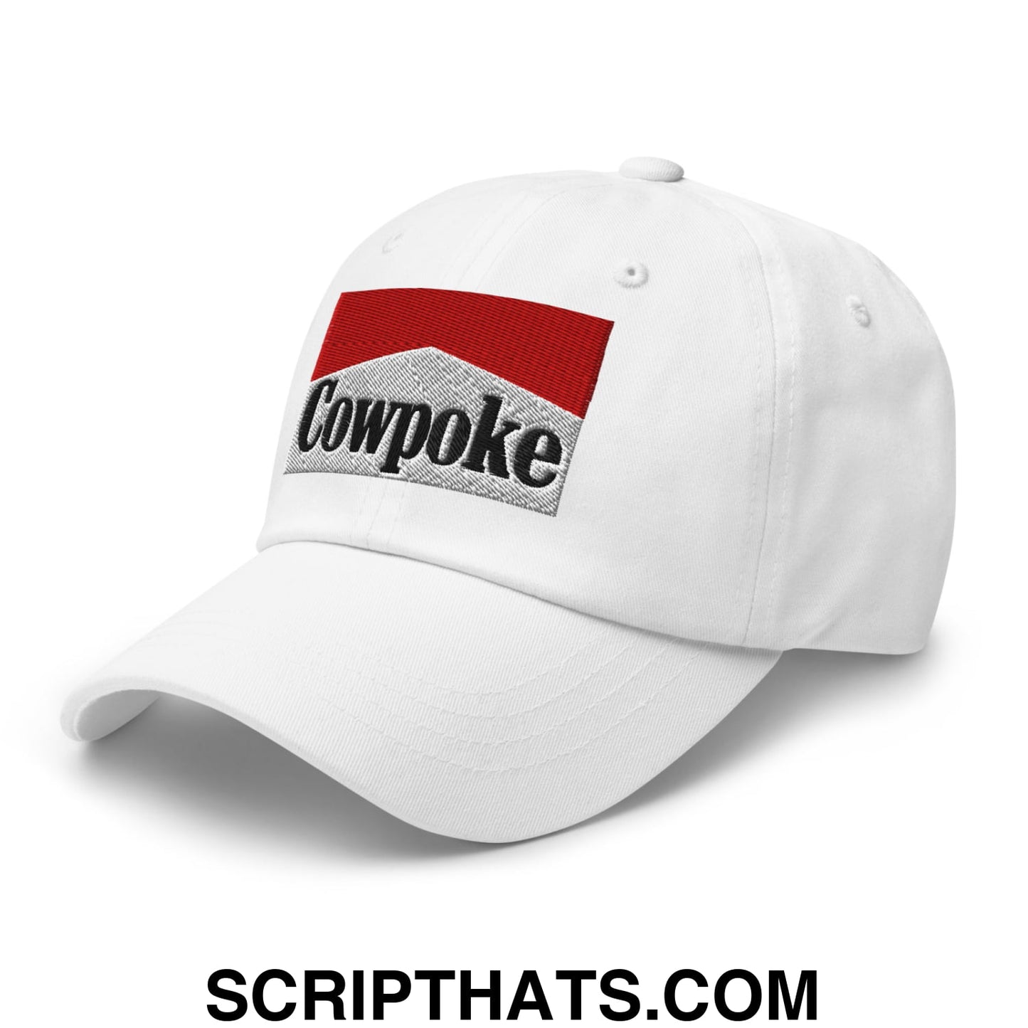 White unstructured dad hat with red and gray embroidered cowpoke logo and black lettering
