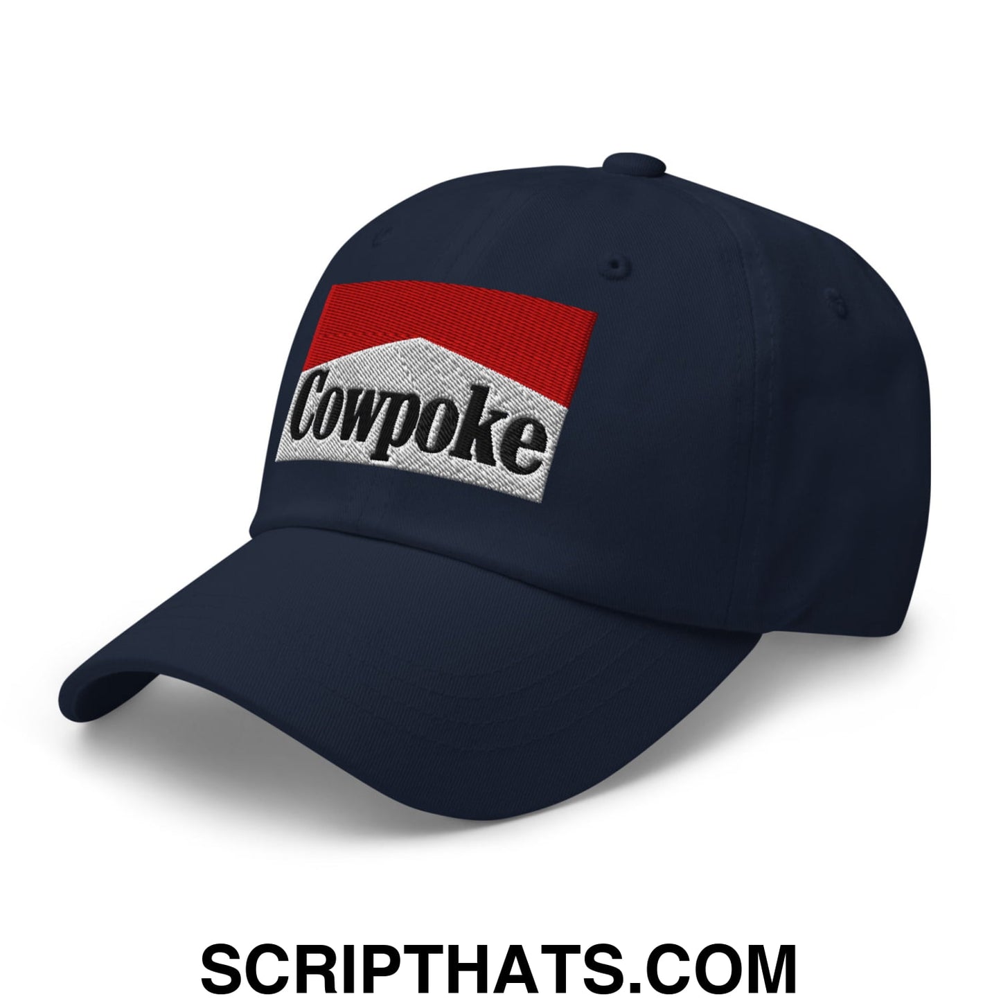 Navy blue unstructured dad hat with embroidered red and white cowpoke logo textured design