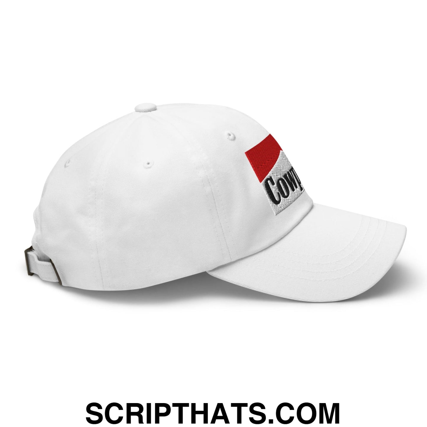 White unstructured dad hat featuring a red and black cowpoke embroidered logo on the side