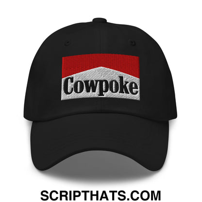 Black unstructured dad hat featuring an embroidered cowpoke logo with red and silver marlboro-inspired design