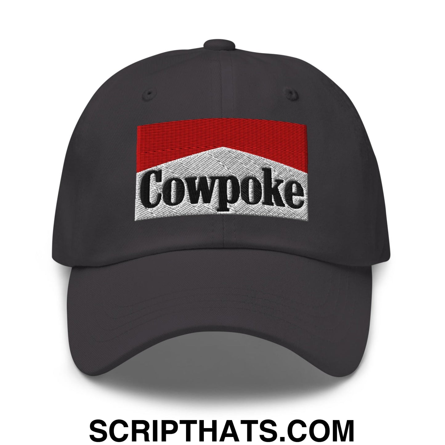 Black cowpoke embroidered unstructured dad hat featuring a red and silver marlboro style logo design