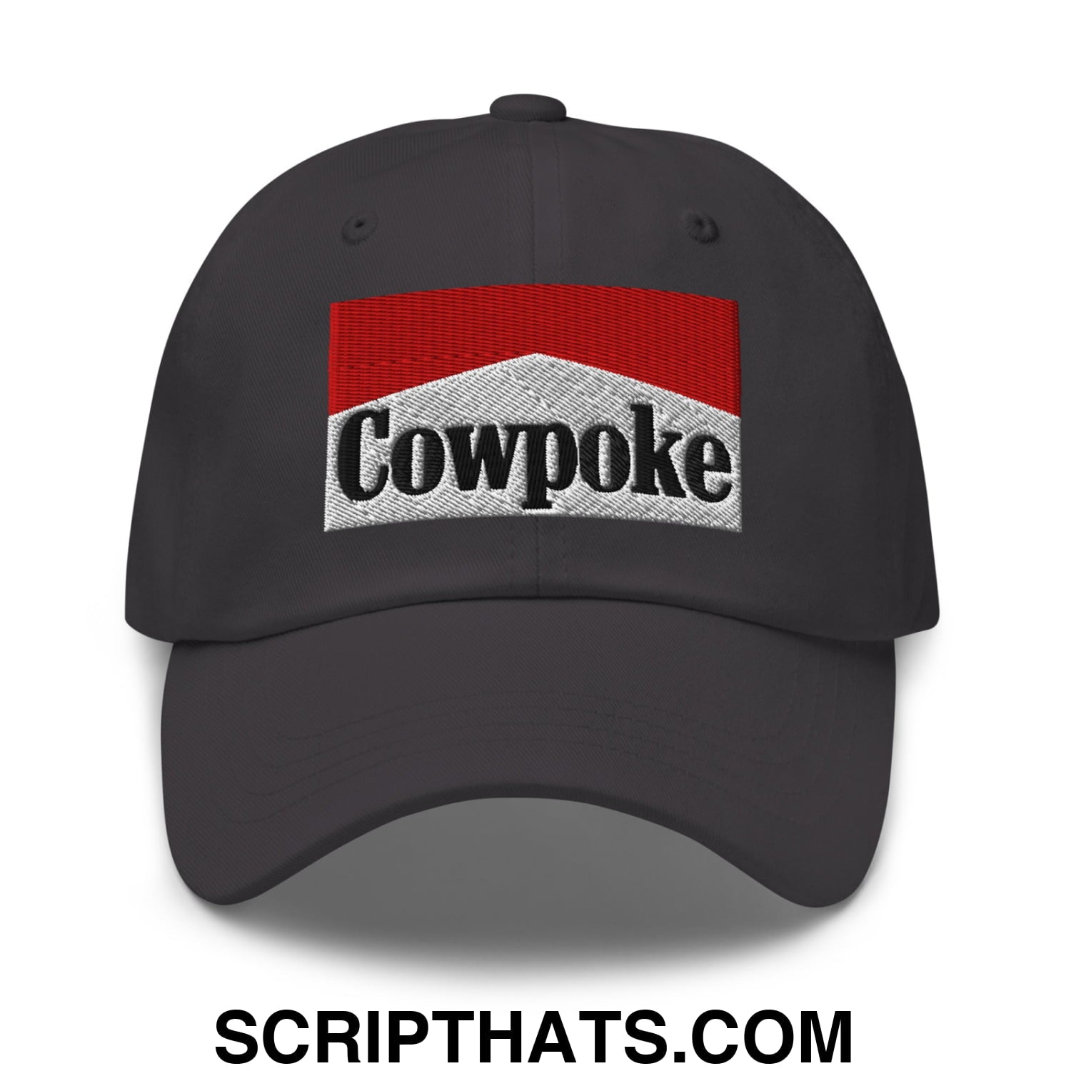 Black cowpoke embroidered unstructured dad hat featuring a red and silver marlboro style logo design