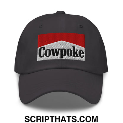Black cowpoke embroidered unstructured dad hat featuring a red and silver marlboro style logo design