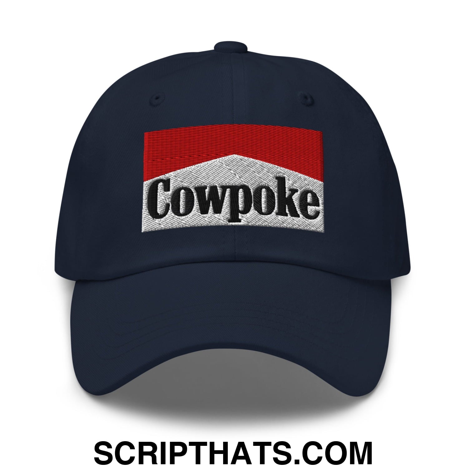 Dark navy unstructured dad hat featuring an embroidered cowpoke logo with red and silver marlboro style design