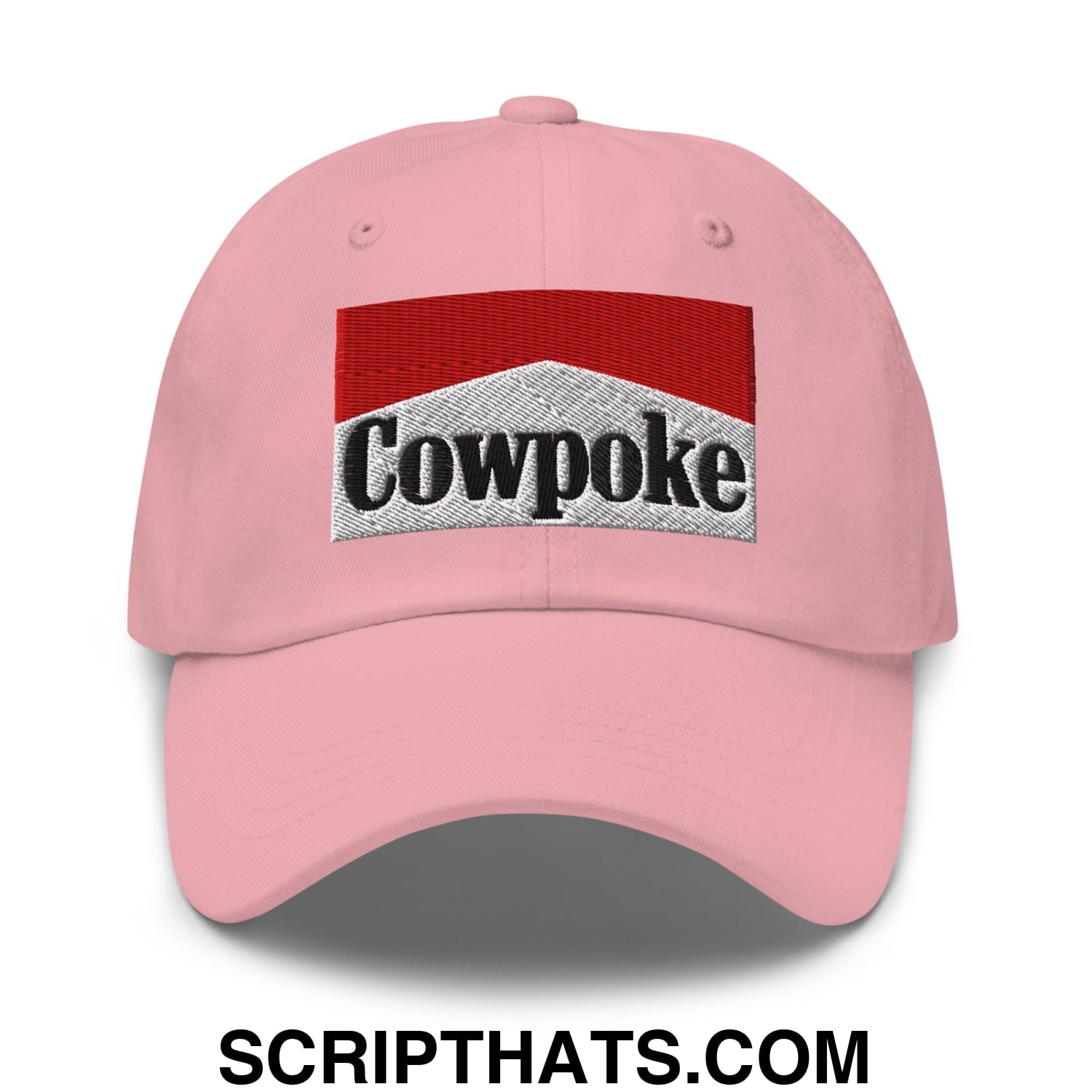 Pink unstructured dad hat featuring an embroidered cowpoke logo with red and silver marlboro-inspired design