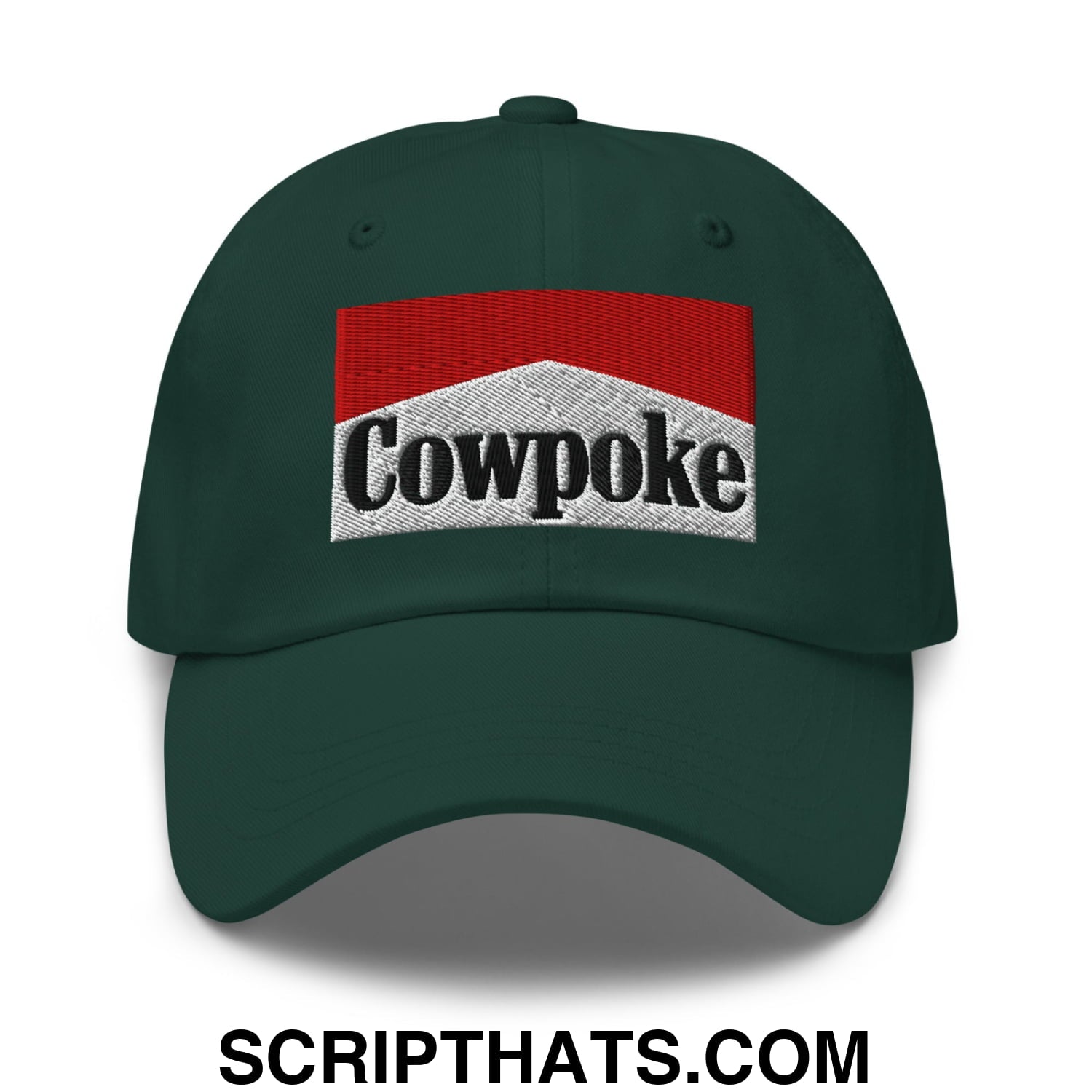 Dark green unstructured dad hat with cowpoke embroidered logo in red white and black on front panel