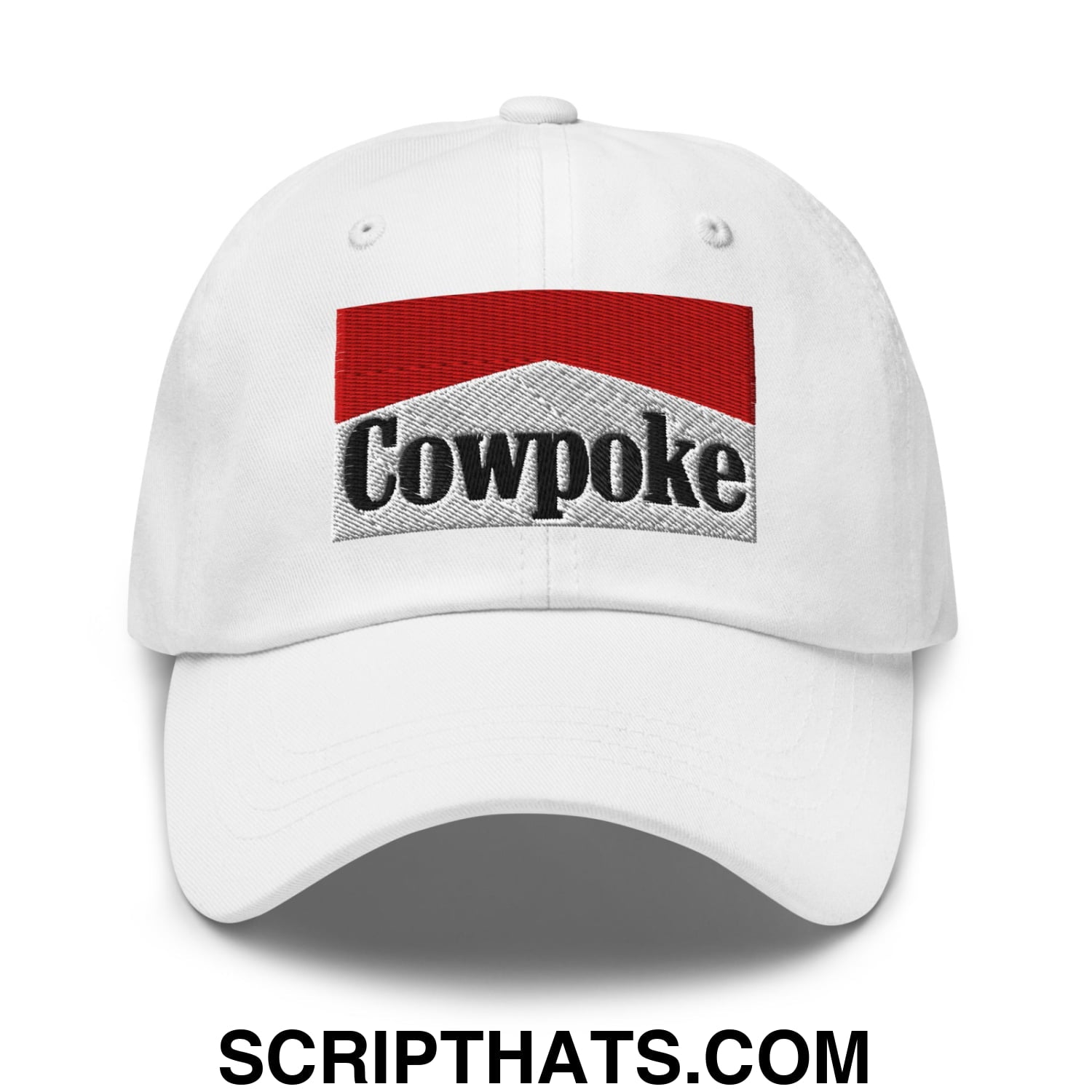White unstructured dad hat with embroidered cowpoke logo in red and silver marlboro-inspired design