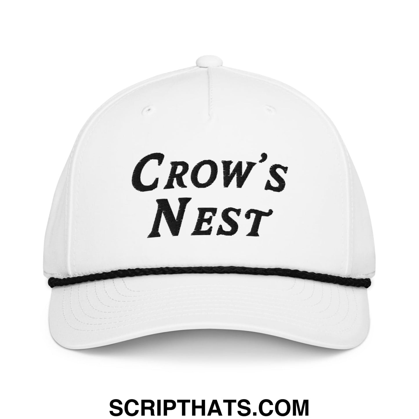 White cotton baseball cap with black embroidered crows nest text and matching black stitched trim on brim