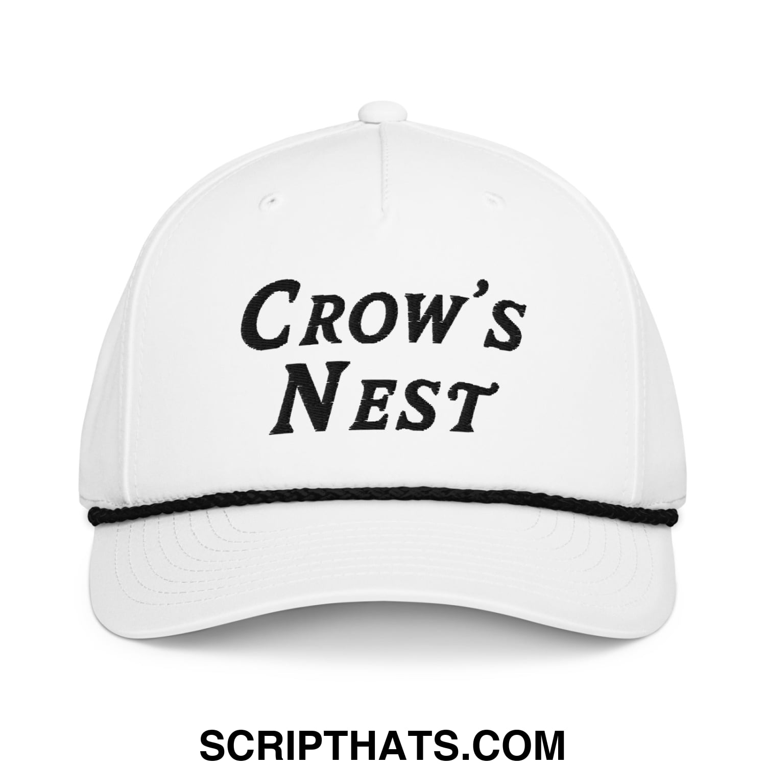 White cotton baseball cap with black embroidered crows nest text and matching black stitched trim on brim