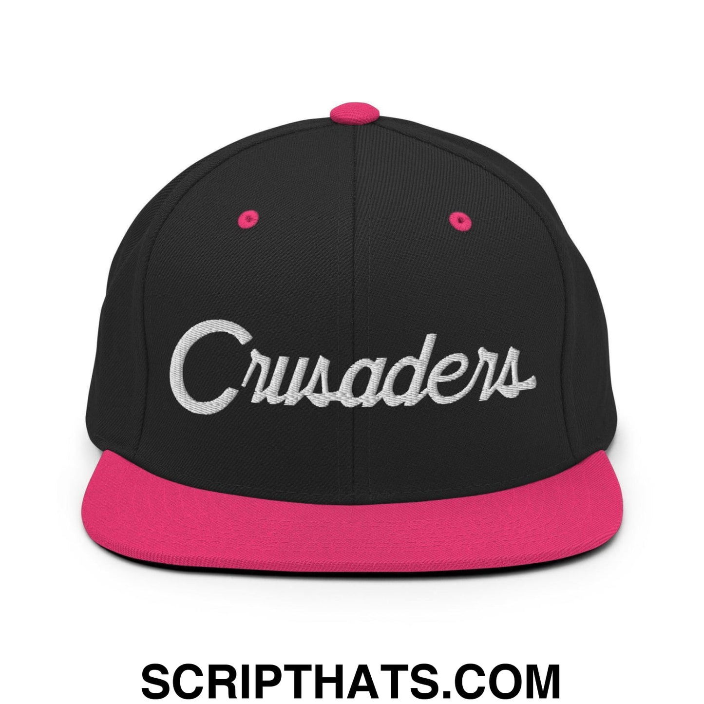 Crusaders School Mascot Script Snapback Hat Black Neon Pink