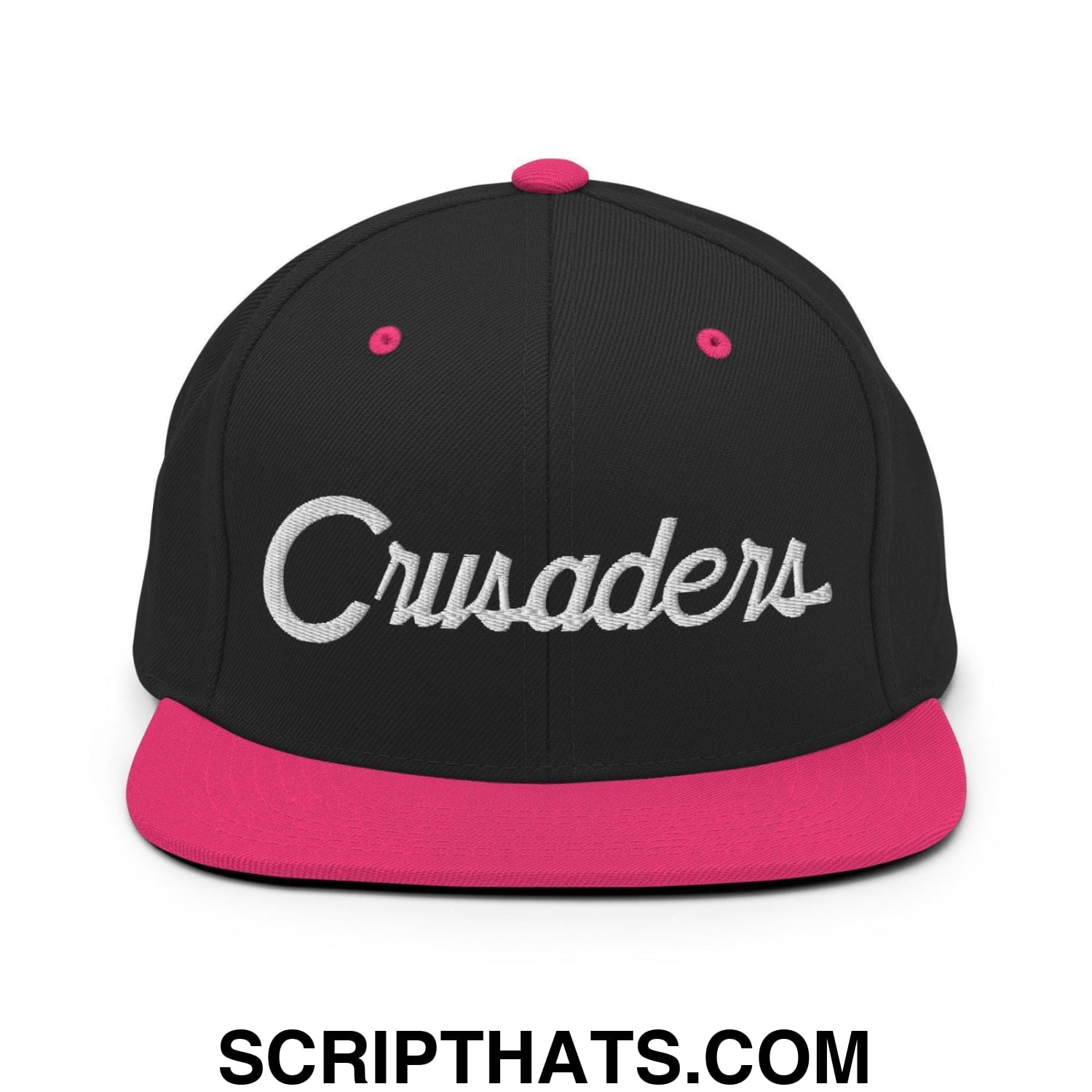 Crusaders School Mascot Script Snapback Hat Black Neon Pink