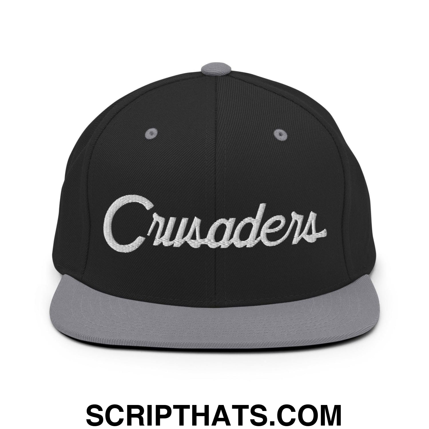 Crusaders School Mascot Script Snapback Hat Black Silver
