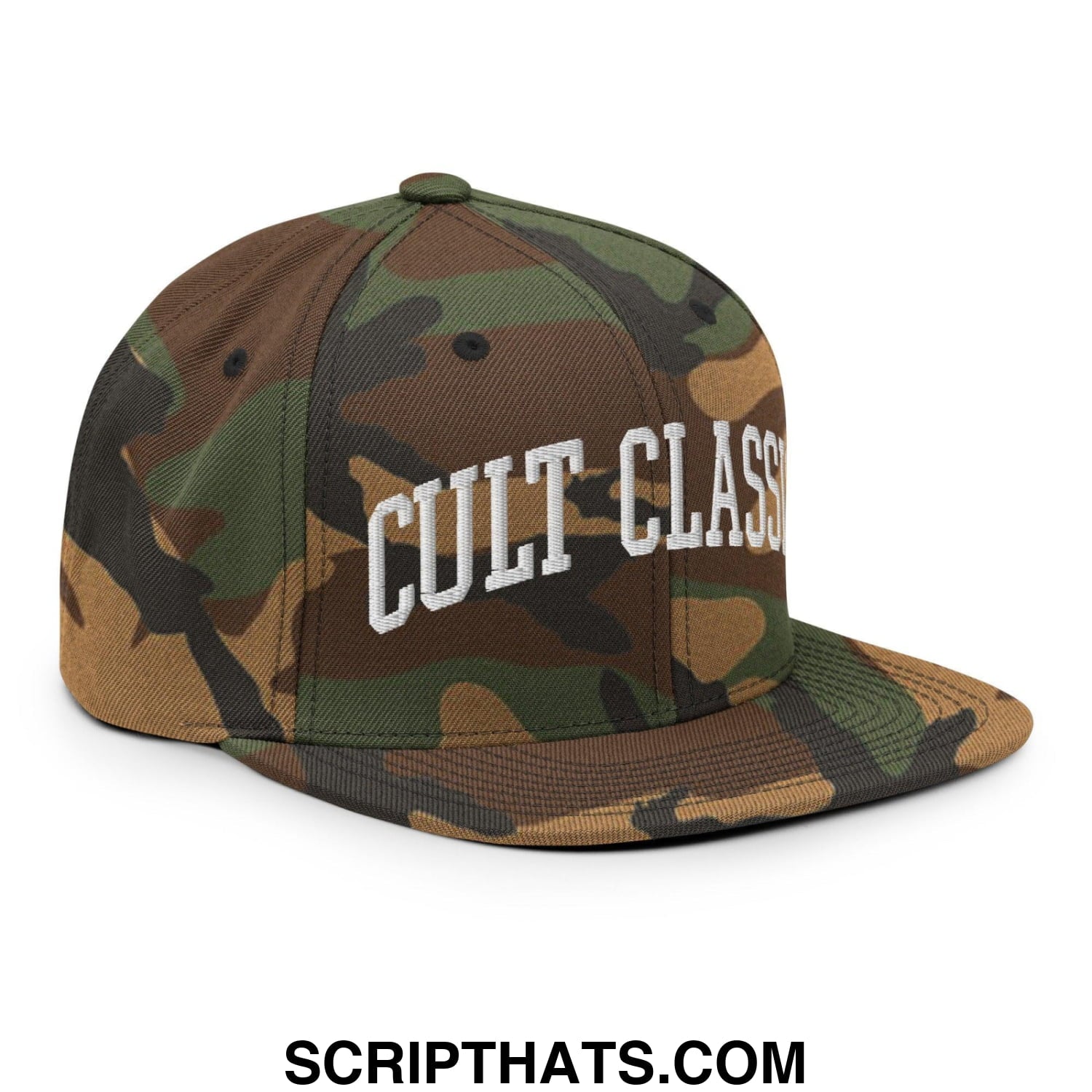 Cult Classic Embroidered Flat Bill Brim Snapback Hat Green Camo