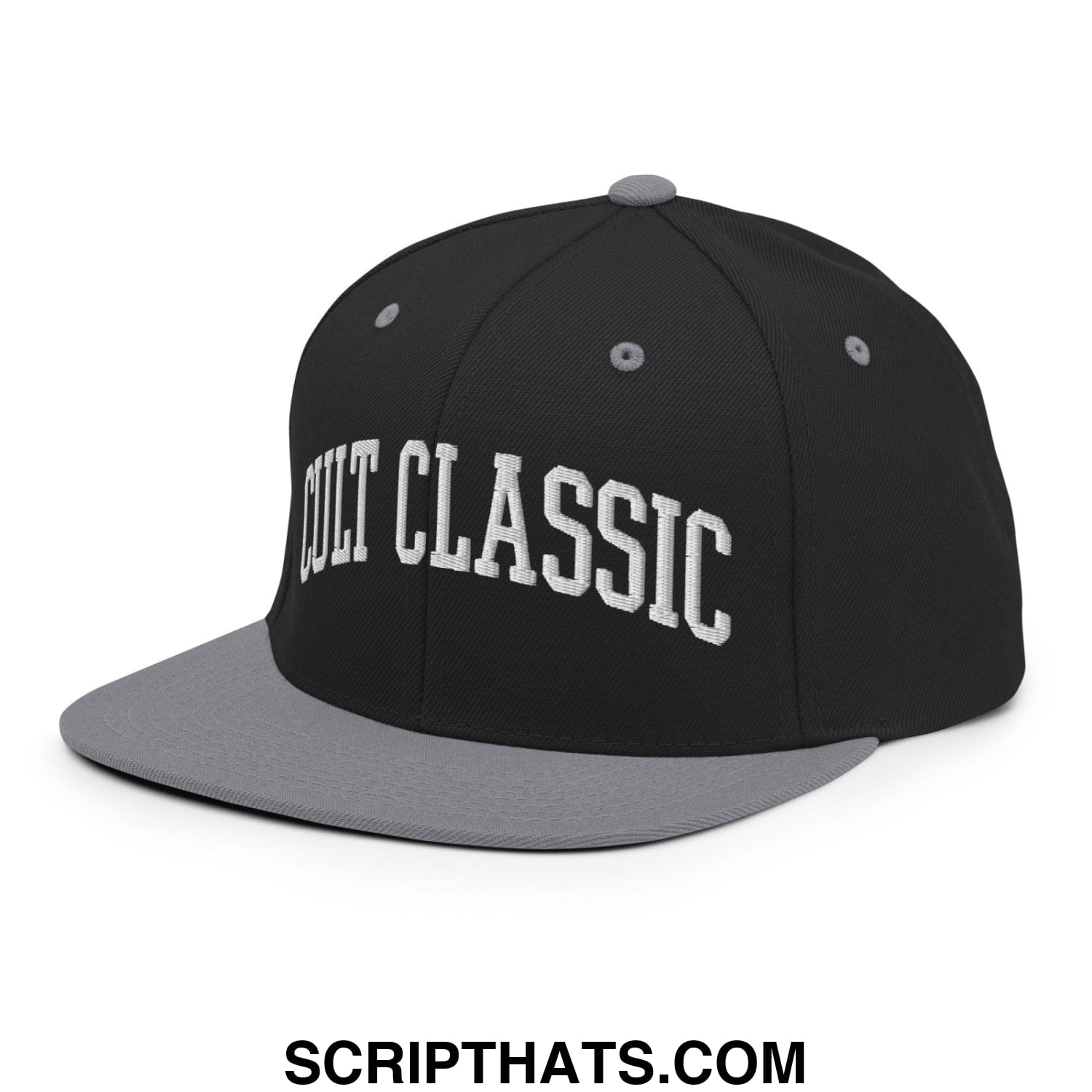 Cult Classic Embroidered Flat Bill Brim Snapback Hat Black Silver