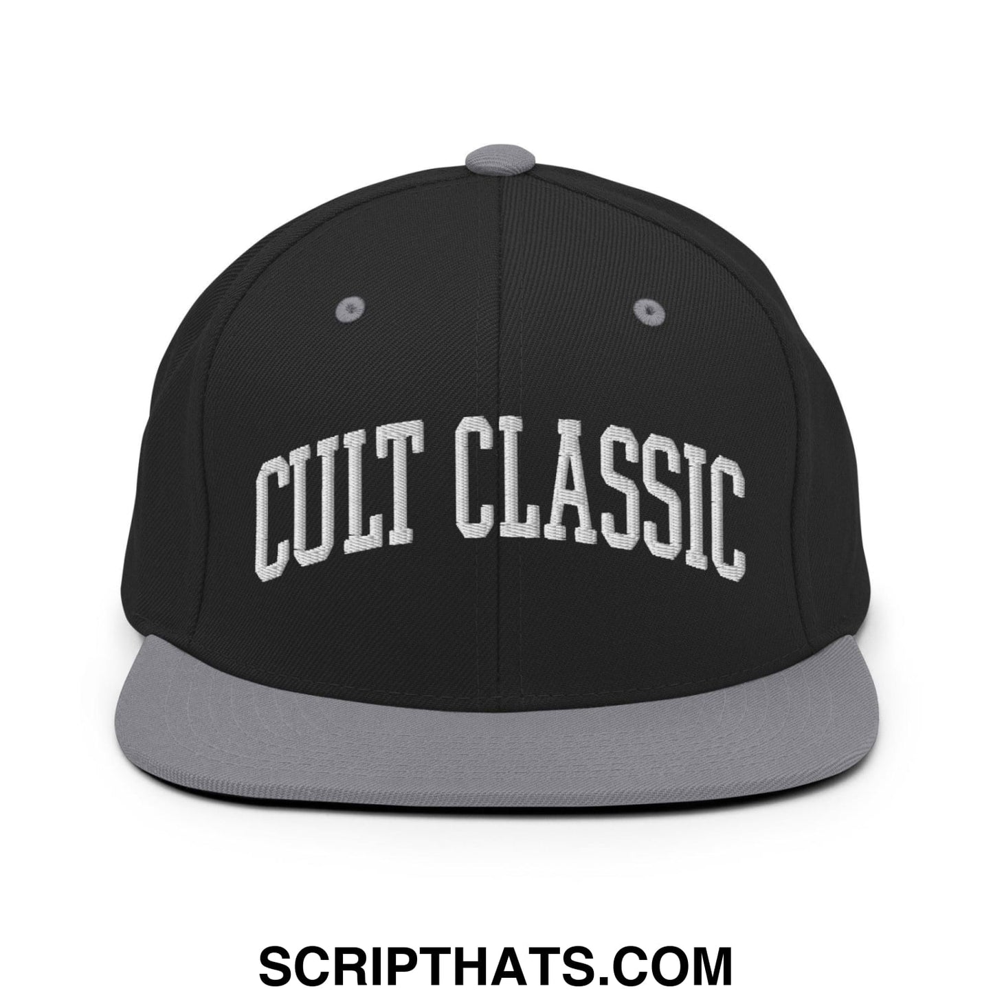 Cult Classic Embroidered Flat Bill Brim Snapback Hat Black Silver