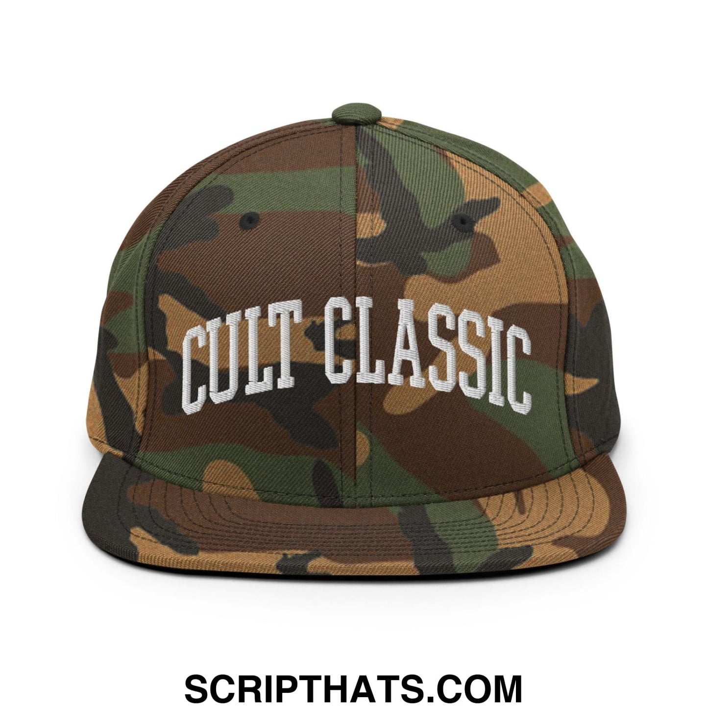 Cult Classic Embroidered Flat Bill Brim Snapback Hat Green Camo