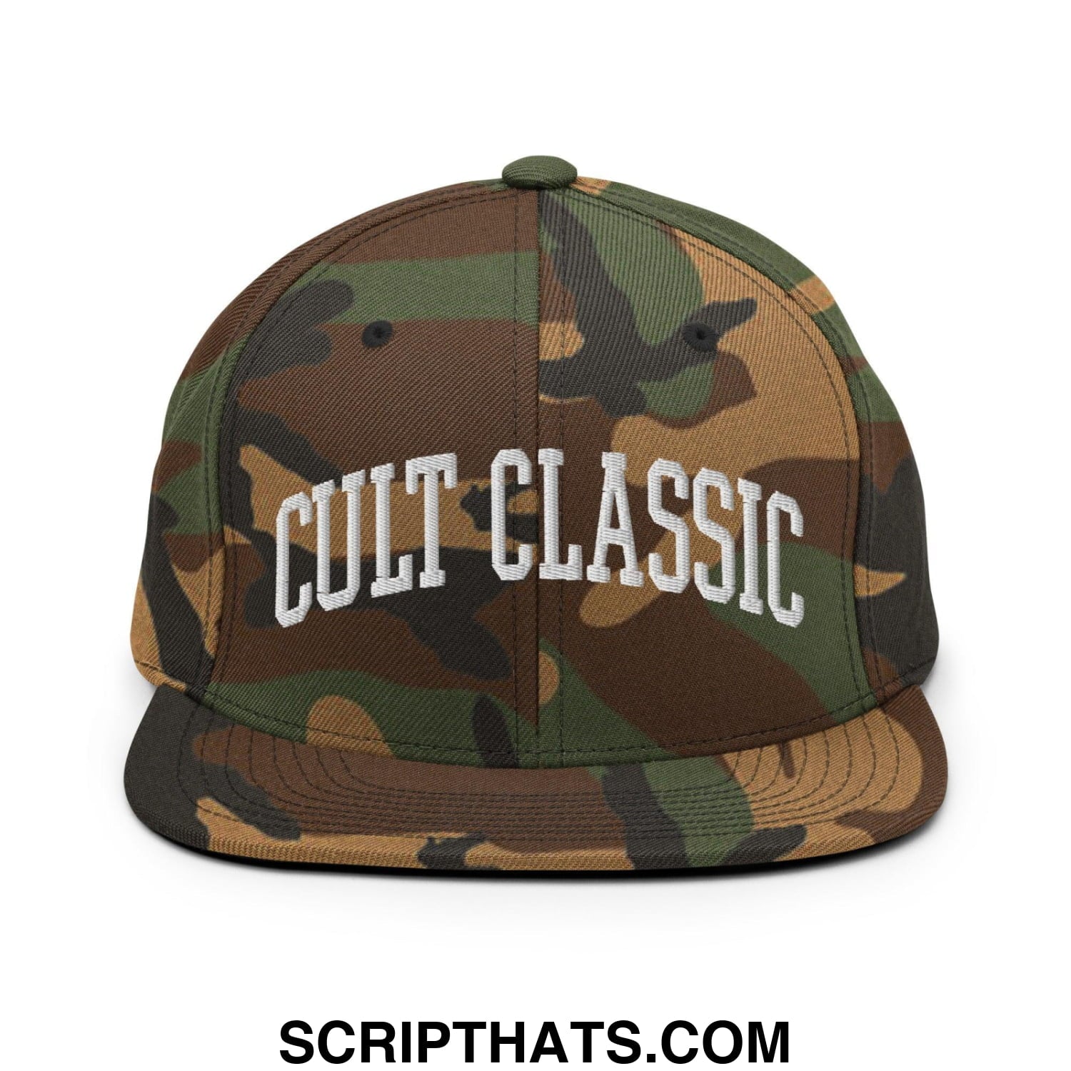 Cult Classic Embroidered Flat Bill Brim Snapback Hat Green Camo