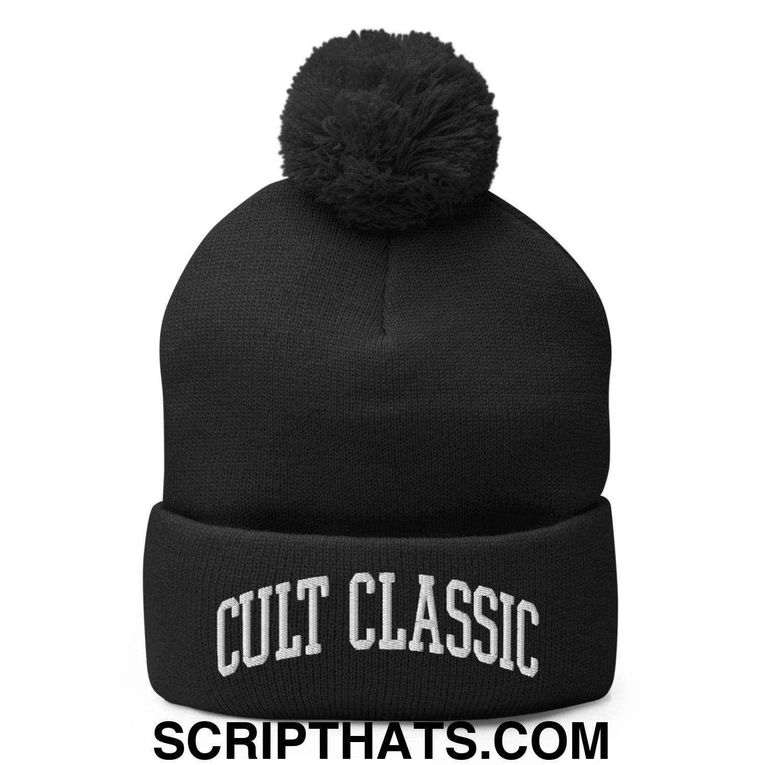 Cult Classic Embroidered Knit Pom Pom Beanie Black