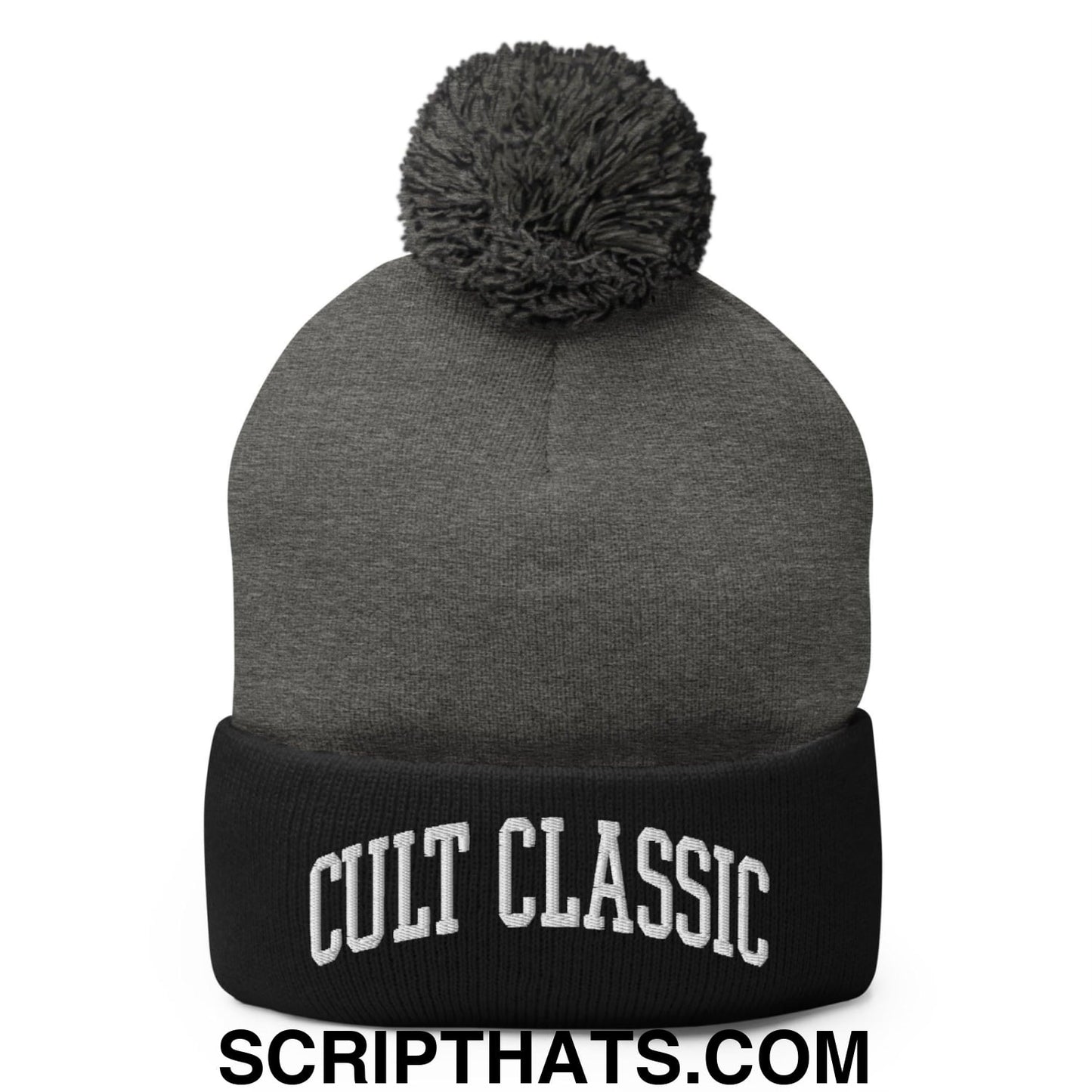 Cult Classic Embroidered Knit Pom Pom Beanie Dark Heather Grey Black