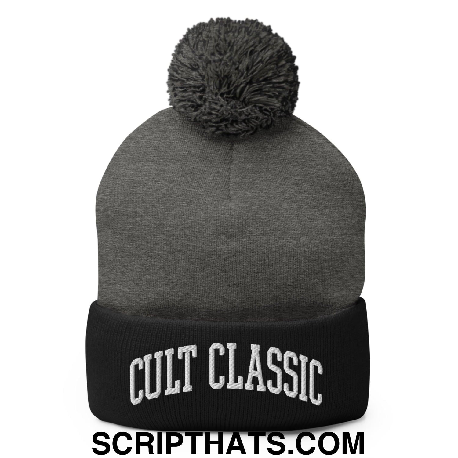 Cult Classic Embroidered Knit Pom Pom Beanie Dark Heather Grey Black