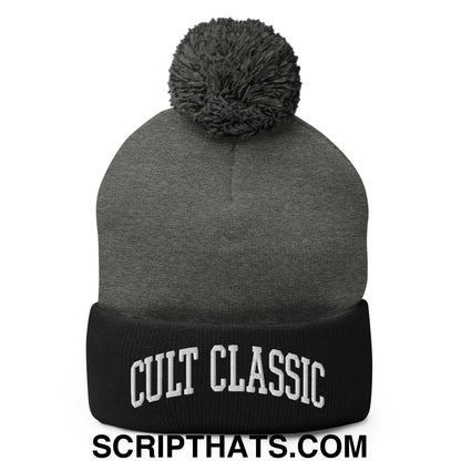 Cult Classic Embroidered Knit Pom Pom Beanie Dark Heather Grey Black