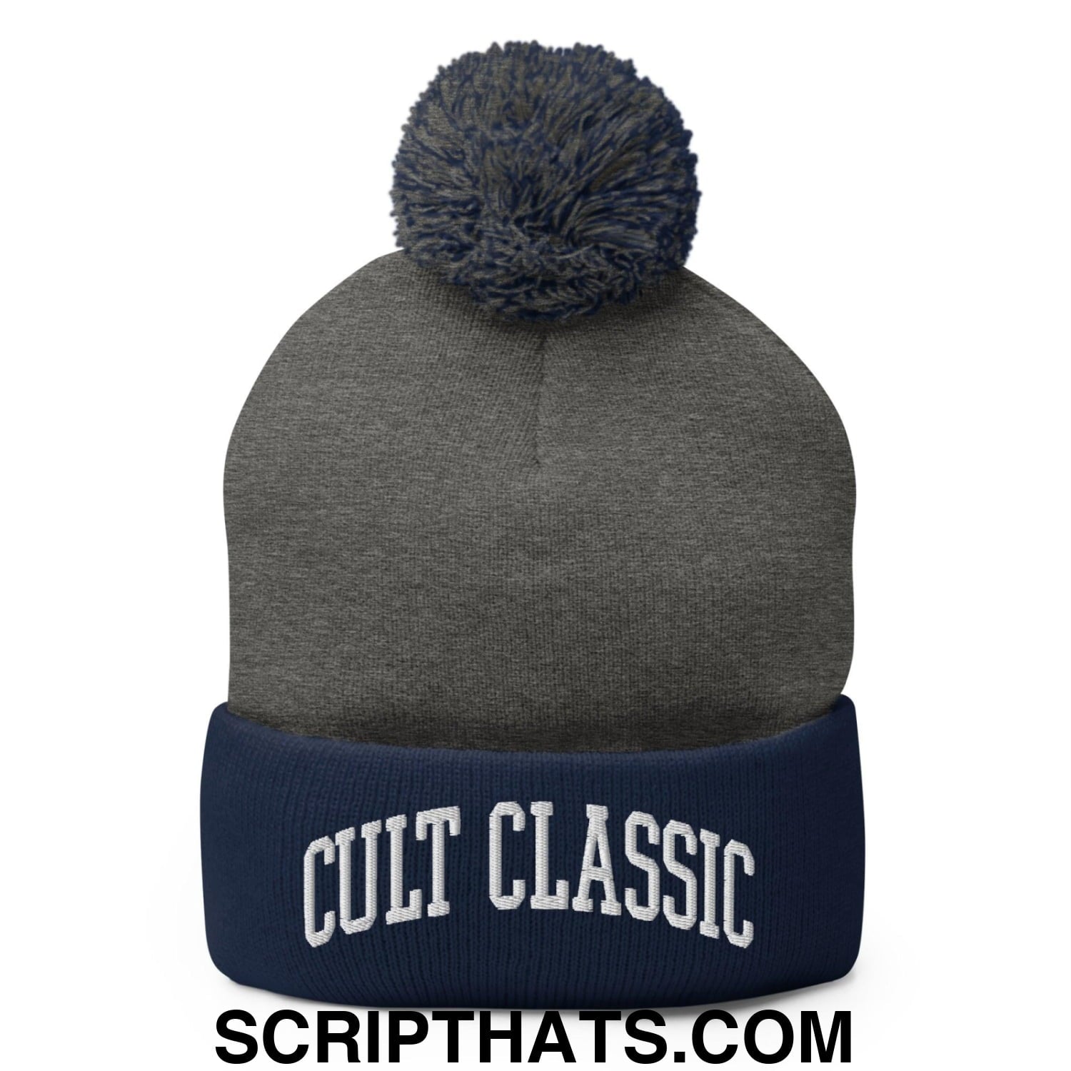 Cult Classic Embroidered Knit Pom Pom Beanie Dark Heather Grey Navy