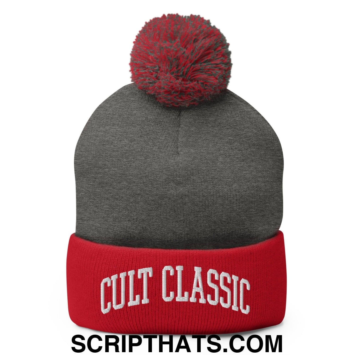 Cult Classic Embroidered Knit Pom Pom Beanie Dark Heather Grey Red