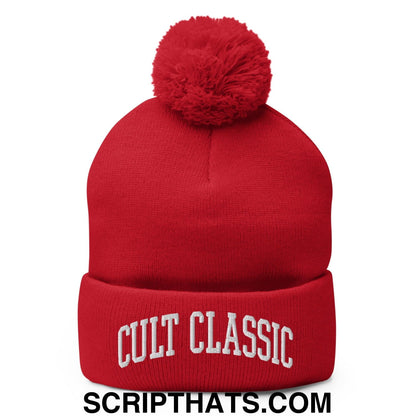 Cult Classic Embroidered Knit Pom Pom Beanie Red