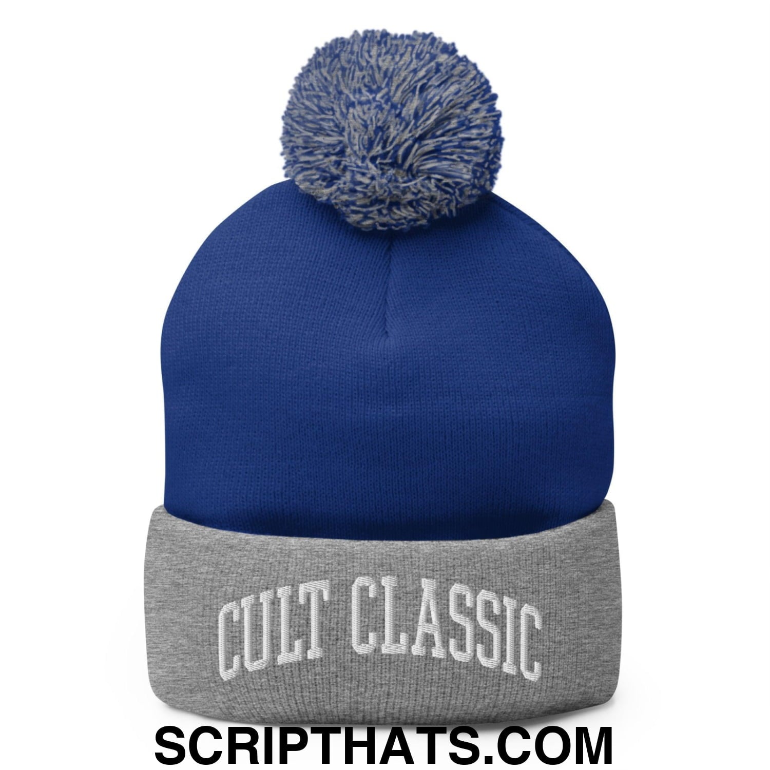 Cult Classic Embroidered Knit Pom Pom Beanie Royal Heather Grey